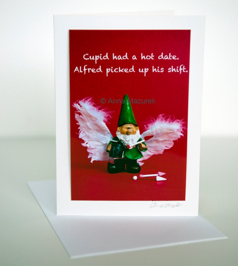 Cupid Gnome - Happy Valentine's Day - Humor Photo Greeting Card (Set of 2)