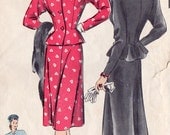 1940s Misses' Two Piece Suit Dress Vintage Sewing Pattern, Cocktail Dress, Hollywood 1761 Bust 30" uncut