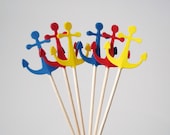 24 Nautical Yellow Red Blue Anchor Party Picks, Toothpicks, Cupcake Toppers, Food Picks - No547