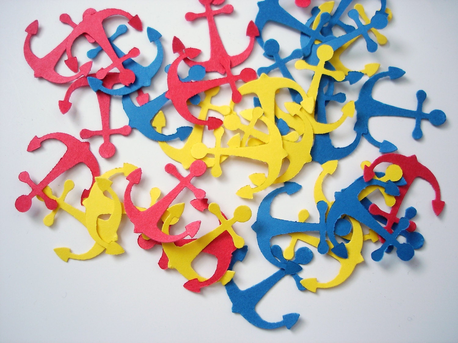 100 Nautical Red Blue Yellow Anchor Die Cuts, Anchor Confetti, Anchor Punch, Party Supplies, Scrapbook Embellishments - No384