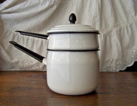 Vintage Enamelware Double Boiler White Enamelware by cynthiasattic