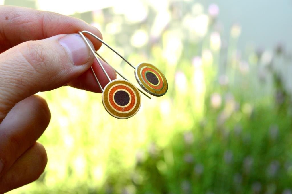 Sterling Silver Earrings - Mustard Orange Chocolate - Colorful Circles