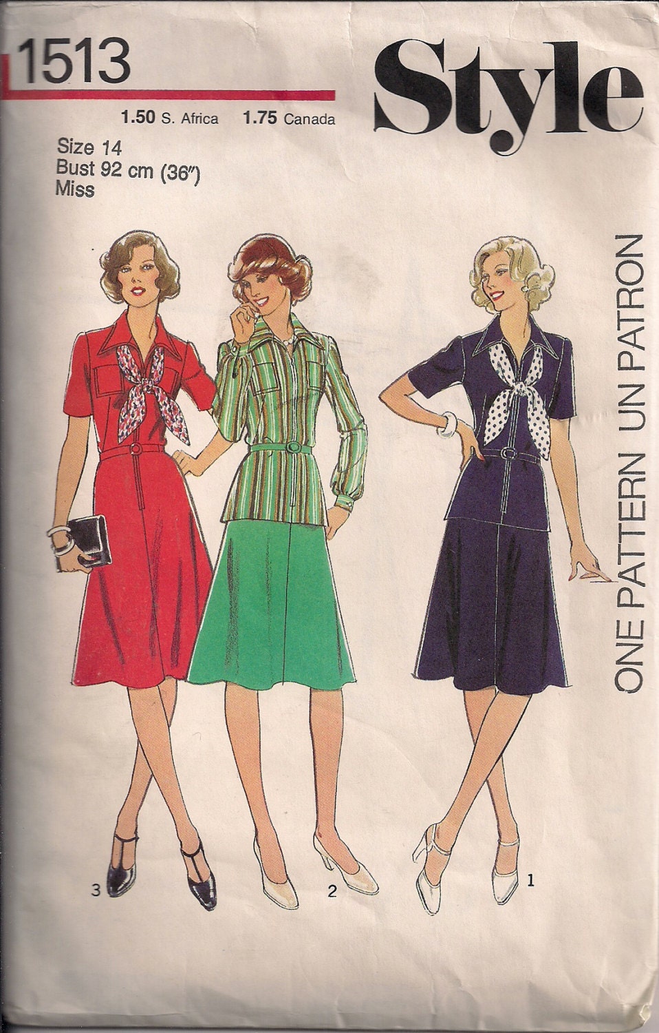 Vintage 70s Sewing Pattern Front Zip DRESS, SKIRT, BLOUSE and Scarf - size 14 - bust 36" (91 cm) -