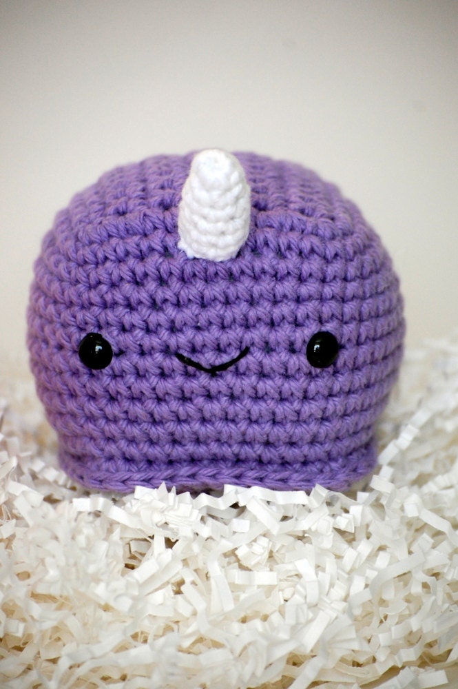 LARGE-sized Ned Narwhal amigurumi, pictured in lavender, also available crocheted in light teal & tangerine