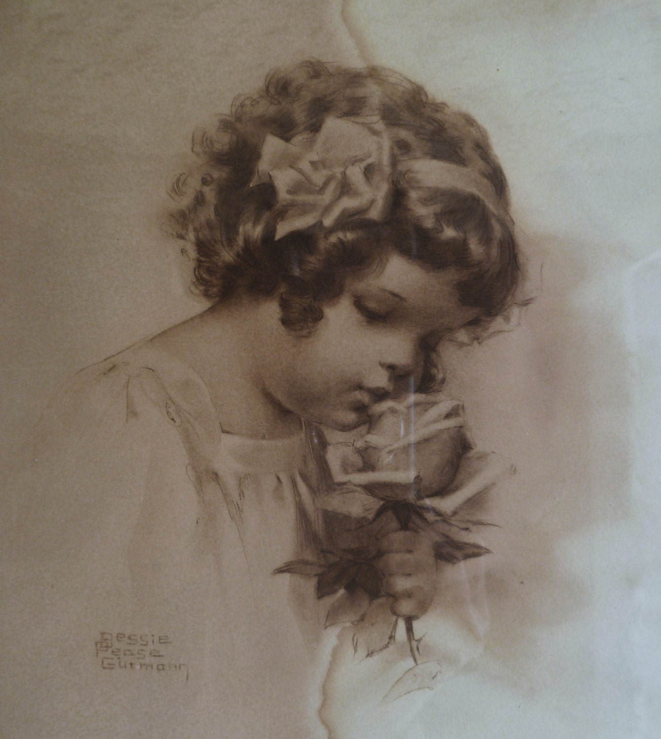 Girl with Rose. Bessie Pease Gutmann. Smelling. Original Print. Framed. Antique 1909.