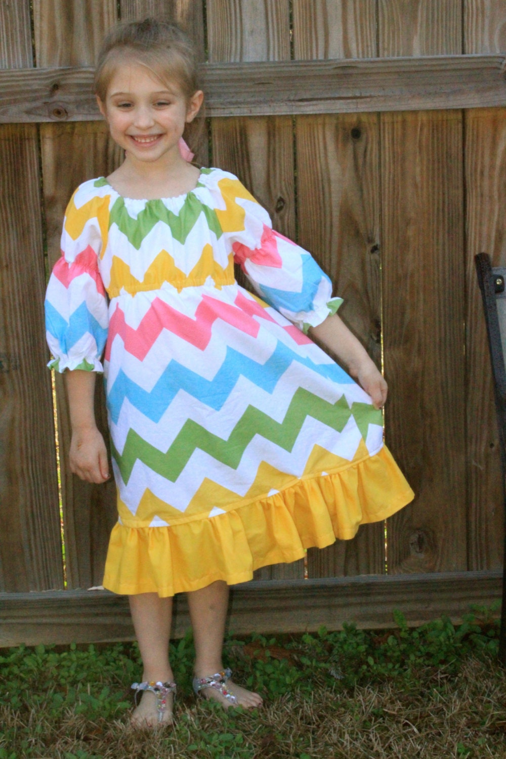Girls Chevron Dress, Easter Dress, Peasant Dress with Yellow Ruffle, 6-12 months, 18 months, 2t, 3t-4t, 5-6, 7-8, 9-10