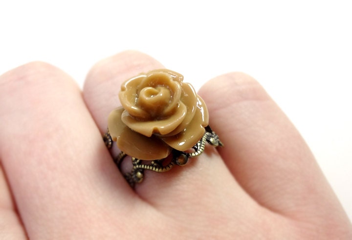 Brown Rose Ring on Adjustable Bronze Filigree