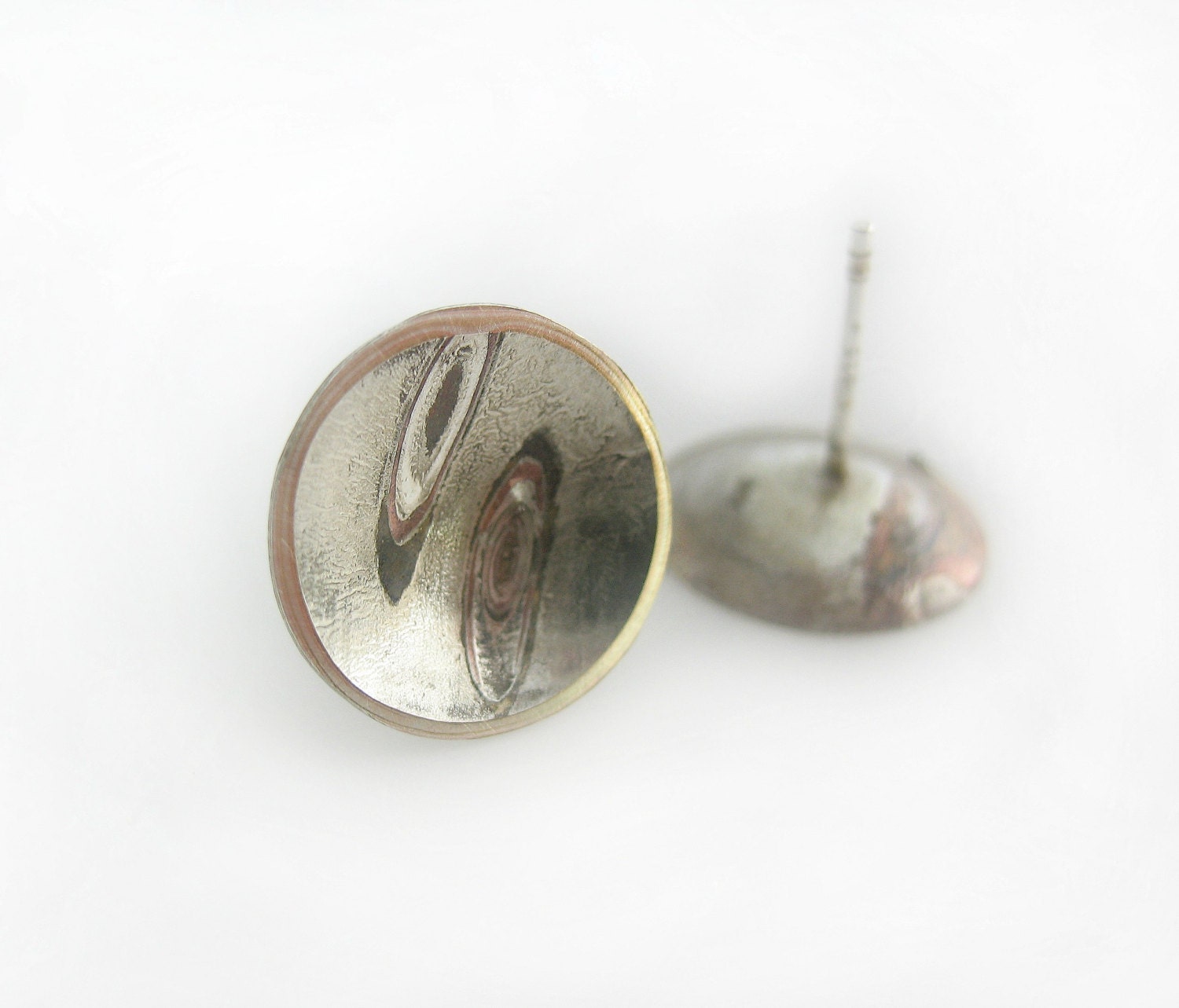 Round Post Earrings, Mokume Gane Jewelry, Circle Jewelry, Silver and Copper Jewelry,  Handmade Jewelry, OOAK