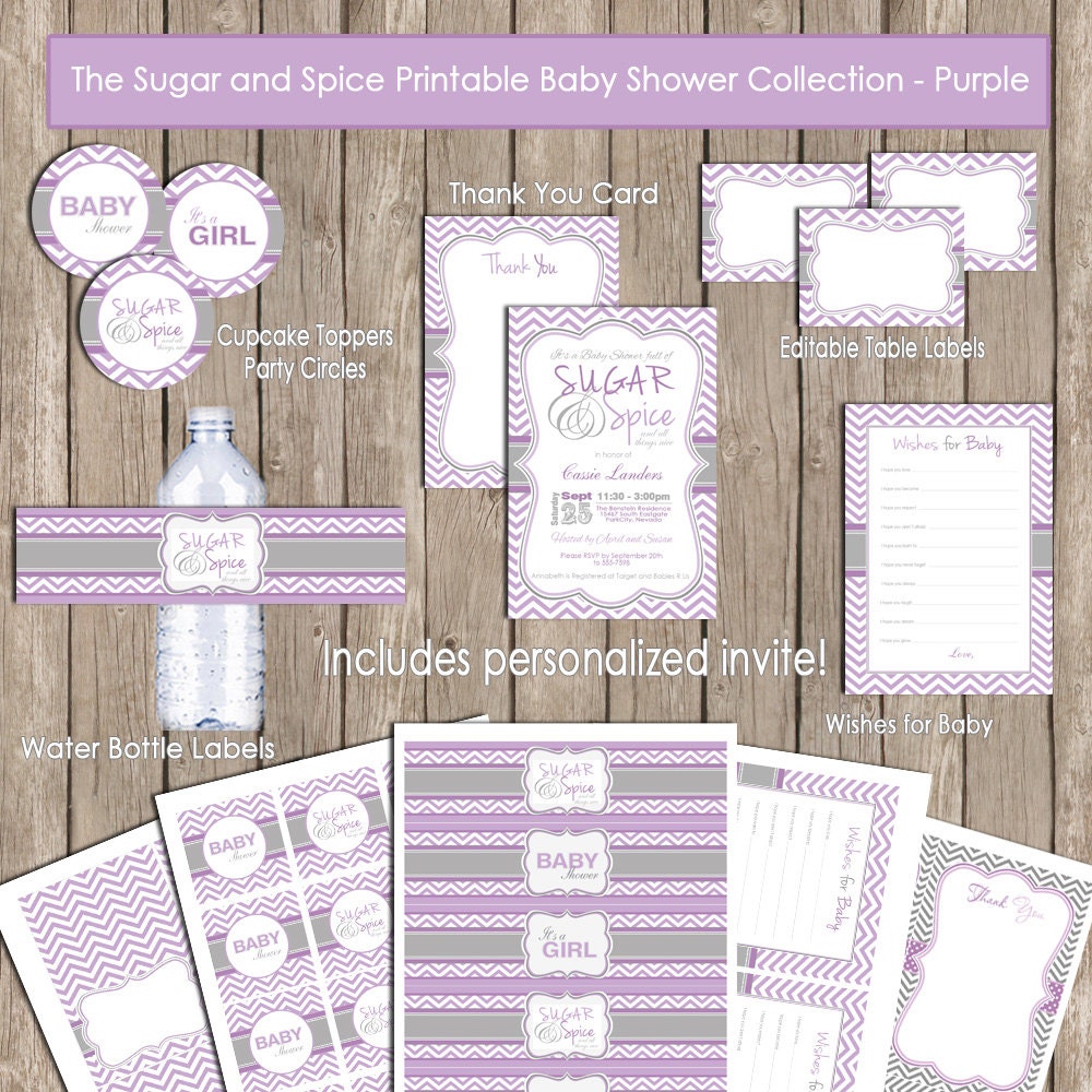 Invitation Party Package - Sugar and Spice Baby Shower Purple and Grey Chevron Party Package Printable (PARTIAL INSTANT DOWNLOAD) - design2 Il_170x135