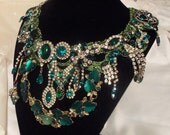 Green Rhinestone Necklace, Statement Emerald Bib, Formal Necklace on Vintage green silk, OOAK, Layaway Plans