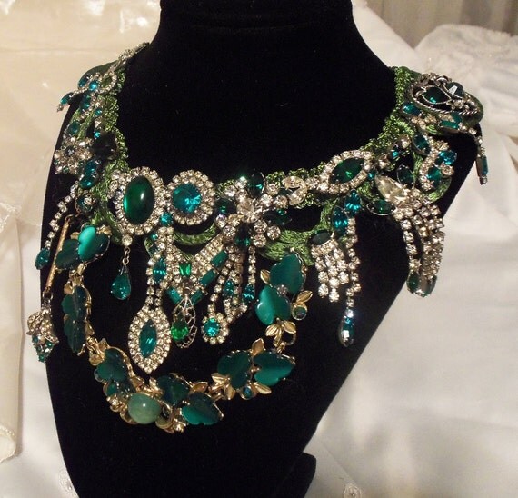 Green Rhinestone Necklace Statement Emerald by HopscotchCouture