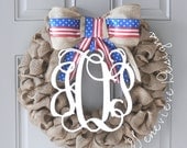 Burlap Wreath - Monogram & American Flag Bow  - Memorial Day Wreath, 4th of July Wreath, Front Door Wreath, Summer Wreath, Wreath Burlap