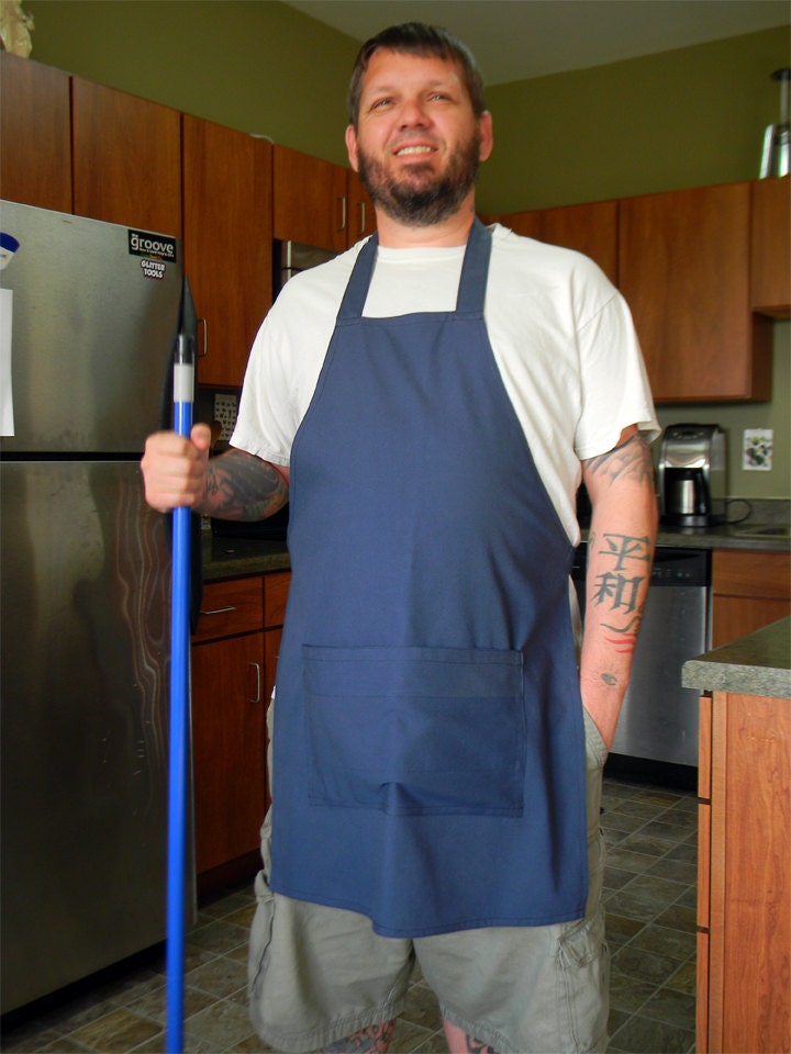 Mens Blue Cotton Linen Butcher Style Apron with Waist Pocket