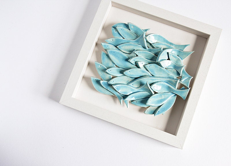 ceramic wall art, fish tile, sculptural pottery wall hanging, modern, nautical home decor in white and blue, handmade by karoArt, Ireland