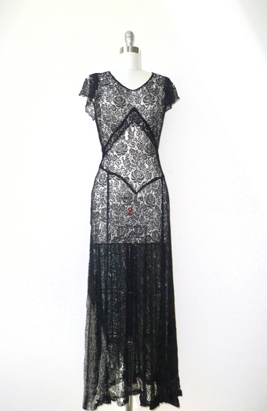 vintage 1930s Dress // Black Lace Bias Cut Dress