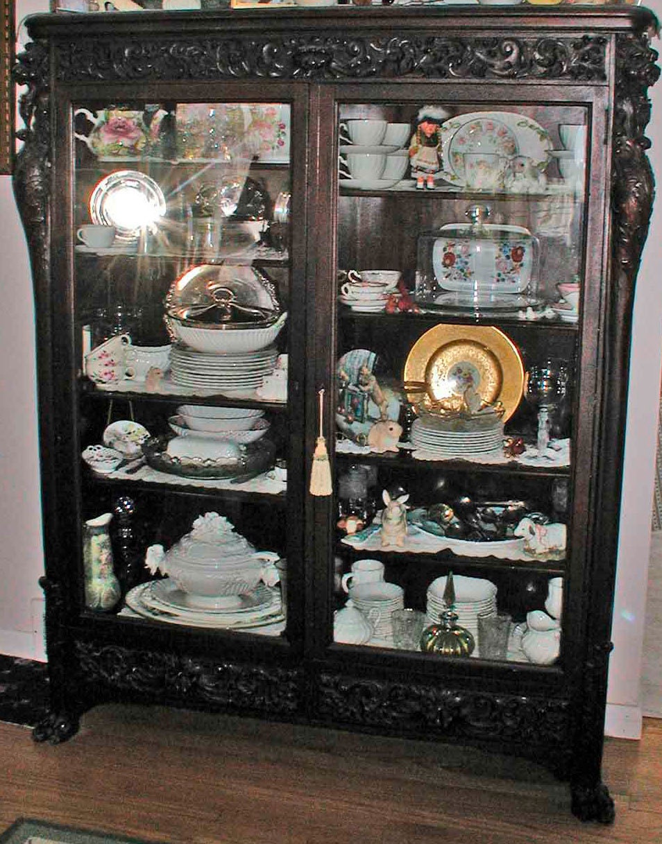 R.J. Horner Victorian Carved Mahogany 2 Door Griffin Bookcase With 2 Drawers, Original Key, 8 Shelves