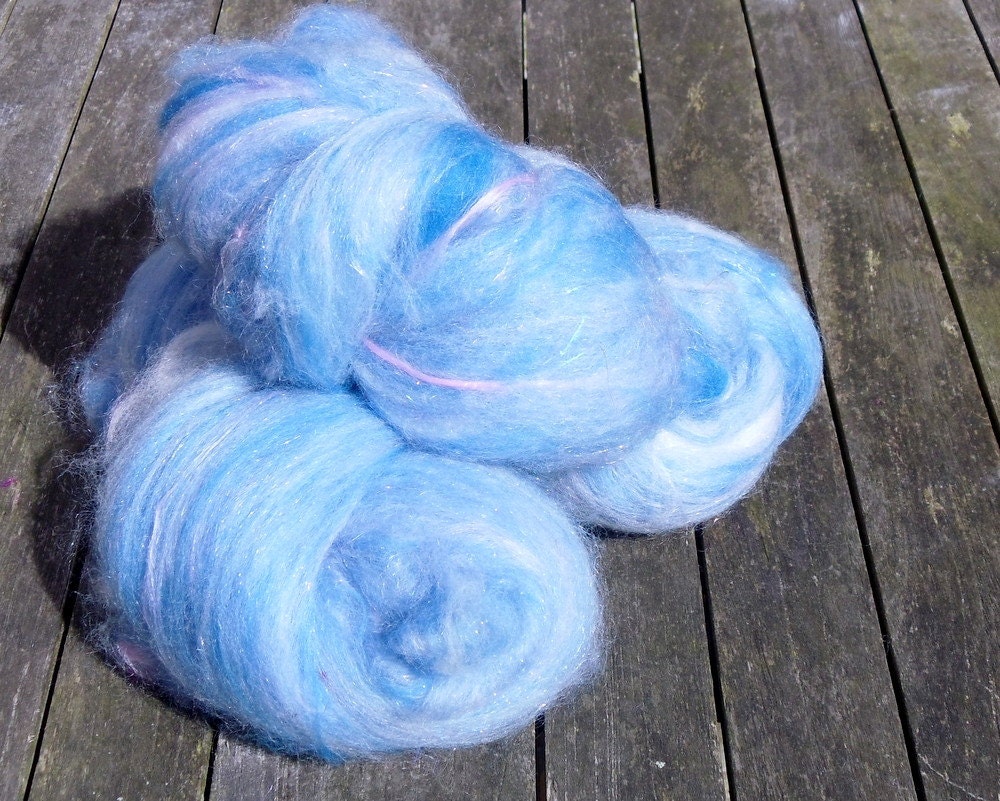 Hand Carded Batts, 105g total, spinning wool, merino, polwarth, bamboo, firestar, angelina, blue, pink, white, purple