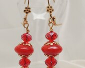 Red and Gold Lampwork and Crystal Earrings