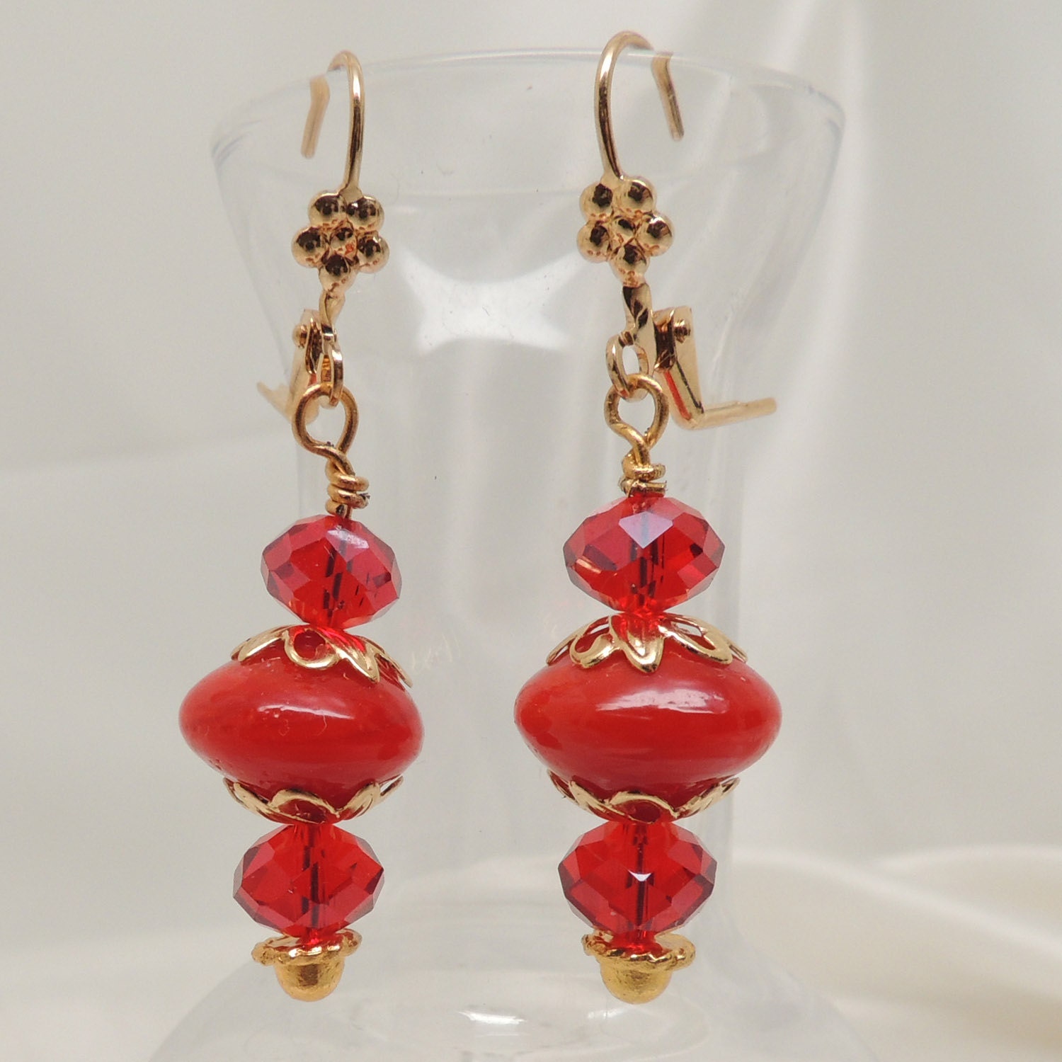Red and Gold Lampwork and Crystal Earrings