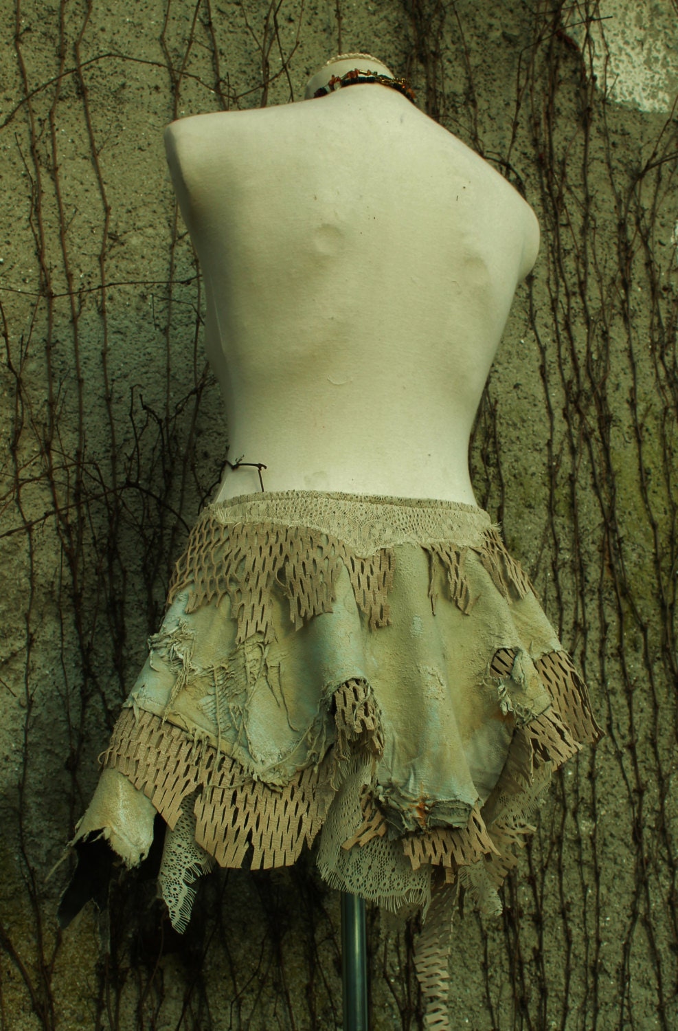 the tribal rainbow warrior skirt in cream beige suede leather  - tattered ruffles tutu nature art - pixies gypsy ethnic festival people