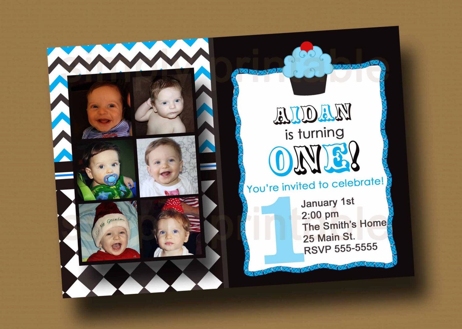 1st Birthday Invitation Boy with Photos (Printable)