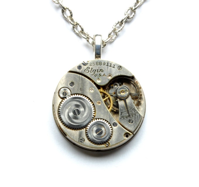 Steampunk Necklace Steampunk Pocket Watch Necklace Antique Art Deco Striped Elgin Silver Steam Punk Jewelry By VictorianCuriosities