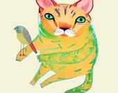 Cat and Bird. Illustration print from original drawing.