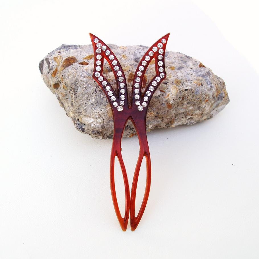 Rhinestone Hair Accessories, Hair Comb, Bridal Hair Clip, Cat Eyes / Lucite / 1940s / Brown