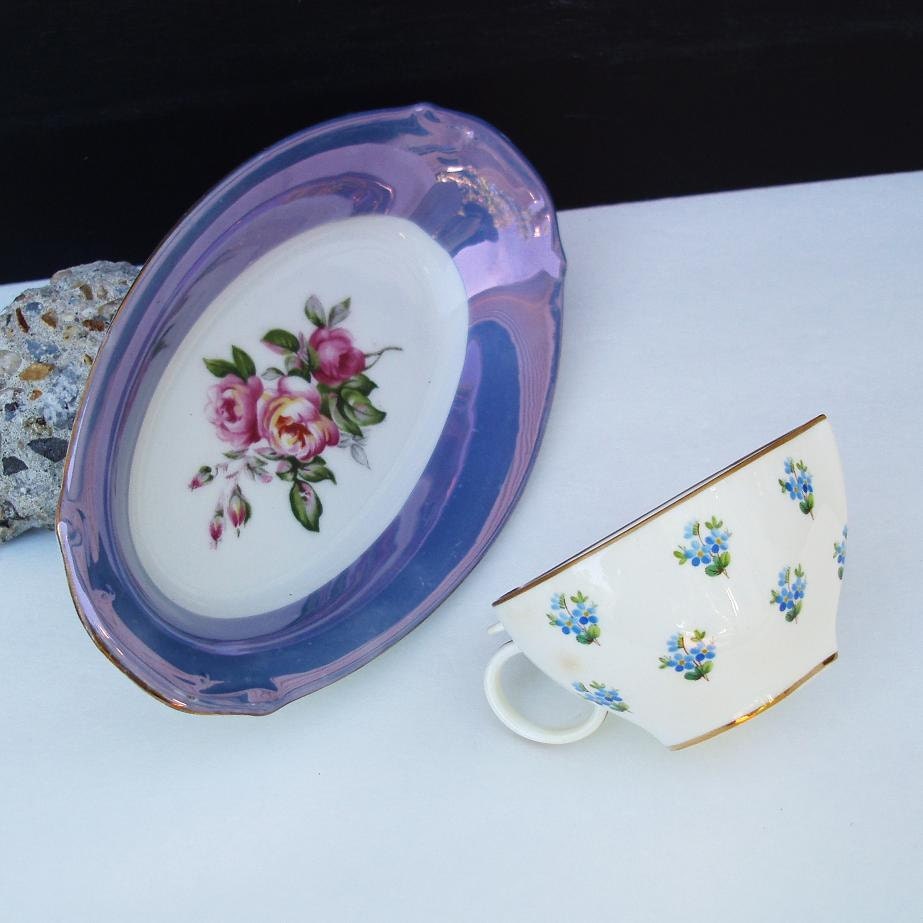 Heart Creamer English Porcelain Oval Cookie Plate Lavender / Blue / Rose