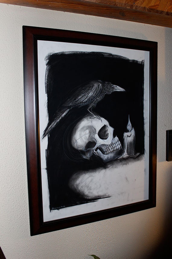 Quote the Raven - ORIGINAL Charcoal Drawing 18"x24" - Edgar Allan Poe - Fine Art