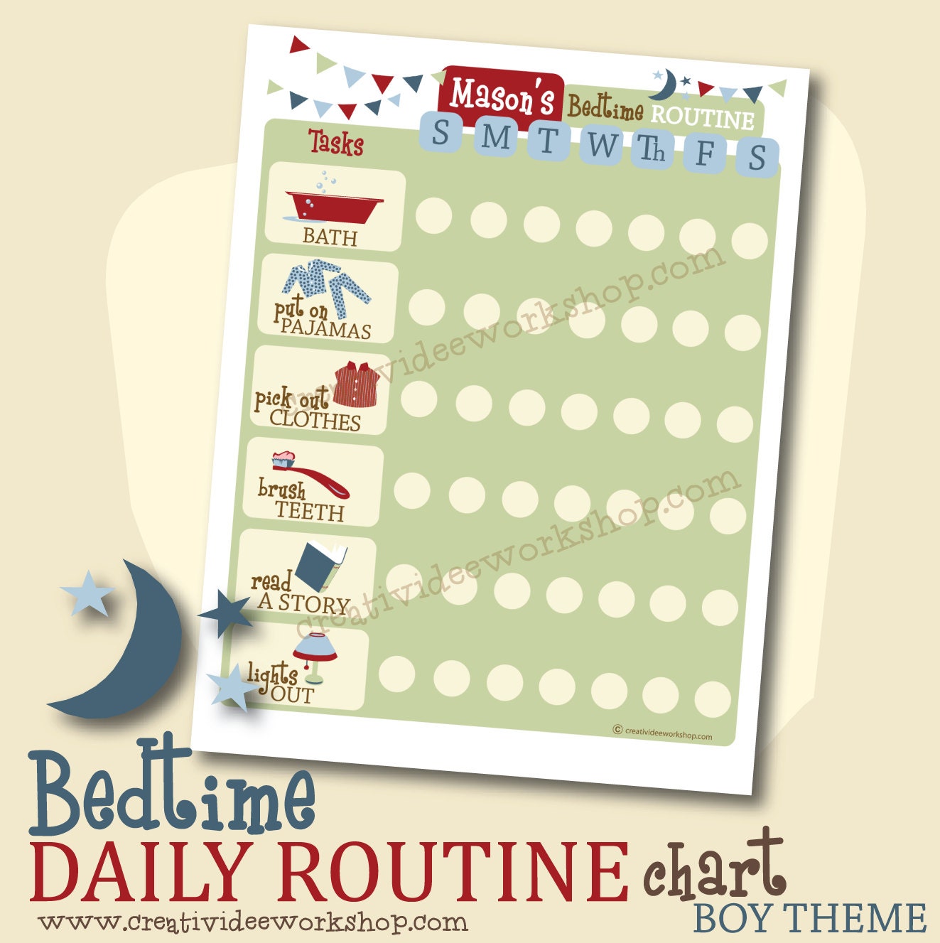 Printable Custom DAILY Bedtime Routine Chart - Boy Theme