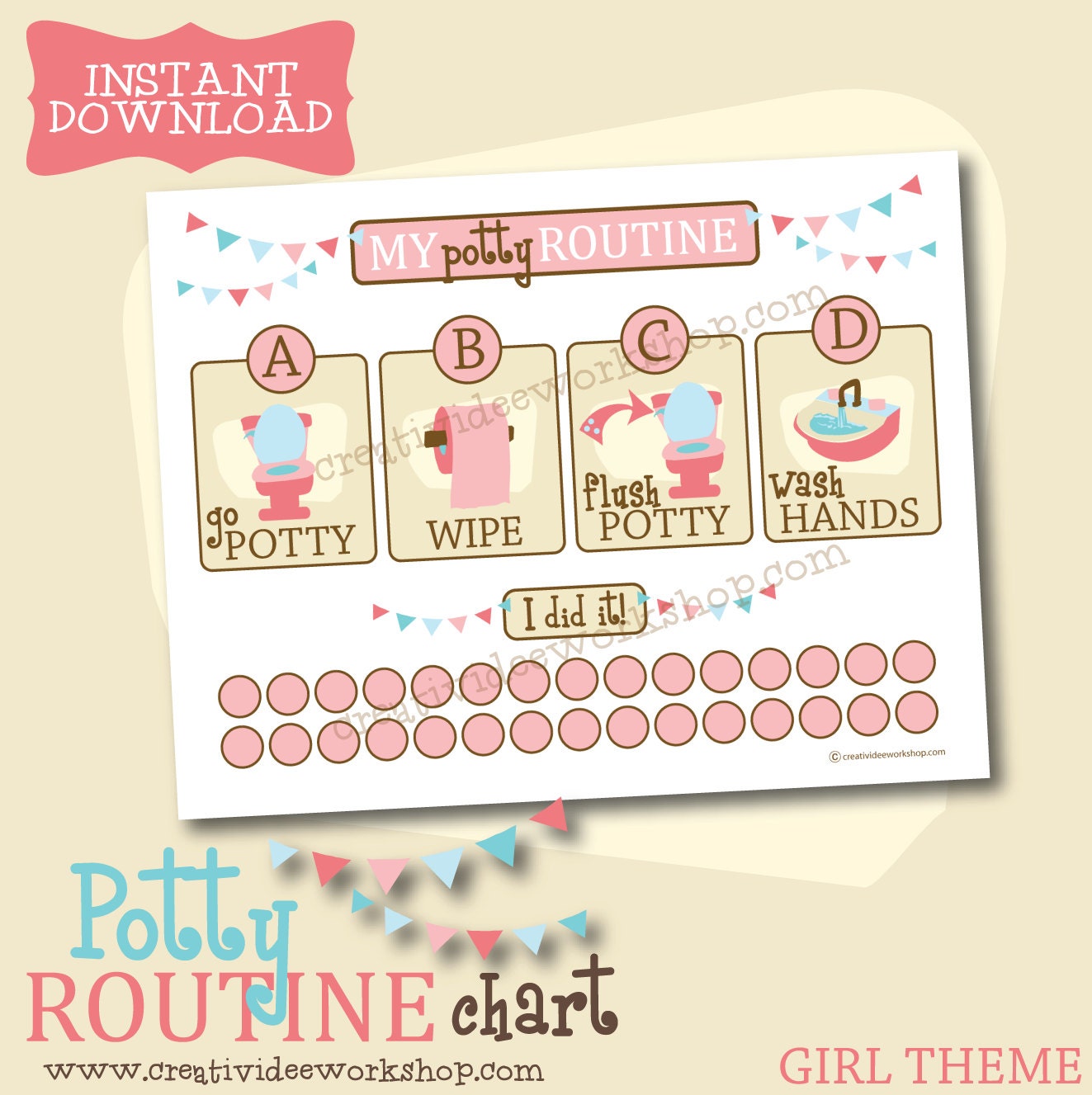 Instant Download - Printable Potty Chart - Potty Routine Chart - Girl Theme