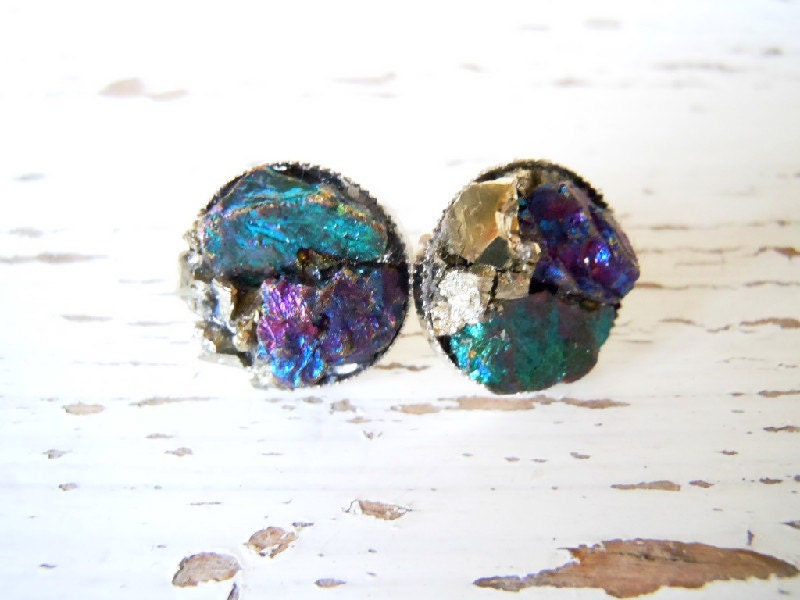 Raw Peacock Ore Stud Earrings - Boho Chic - Handcrafted Artisan Earrings -Natural History