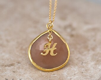 Personalized Necklace - Peach Moonstone Necklace - Script Letter - Monogram Necklace - Gold Necklace - Personalized Jewelry