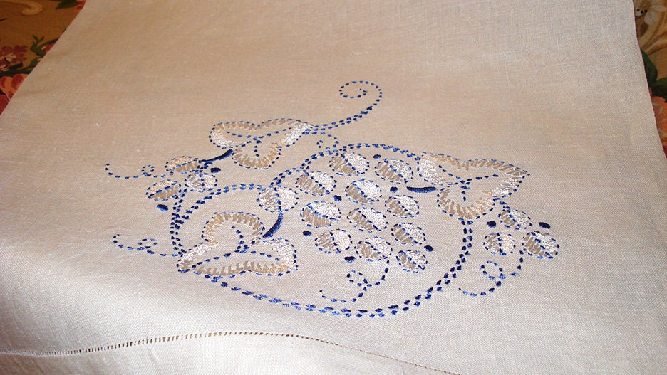 Vintage Linen Runner with Blue and White Embroidery