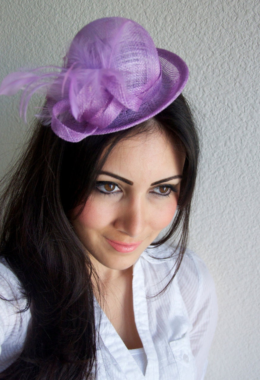 Lavender Mini Fascinator Top Hat - Mini Fascinator Top Hat with feathers and mesh loops