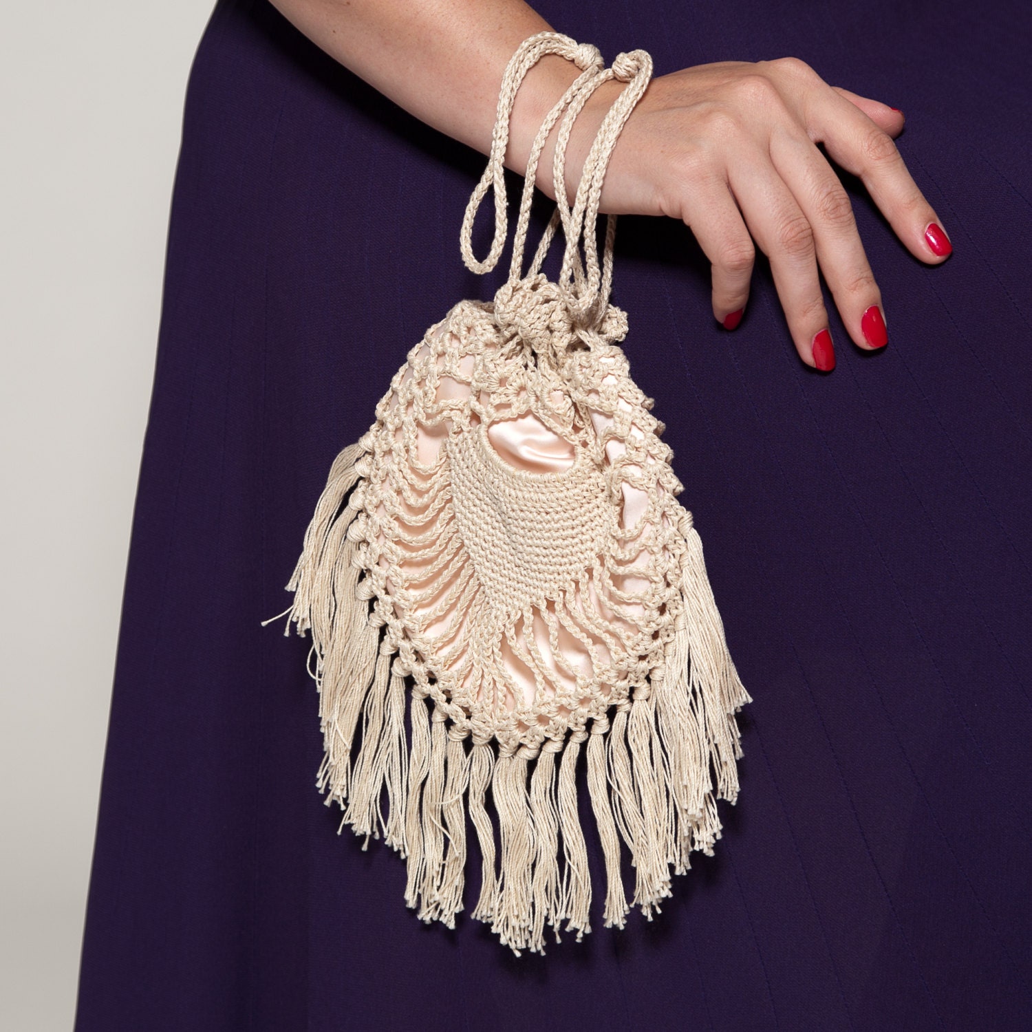 Vintage Crocheted Purse Handmade Ecru Fringe Tassels Pink Drawstring Bridal Fashions