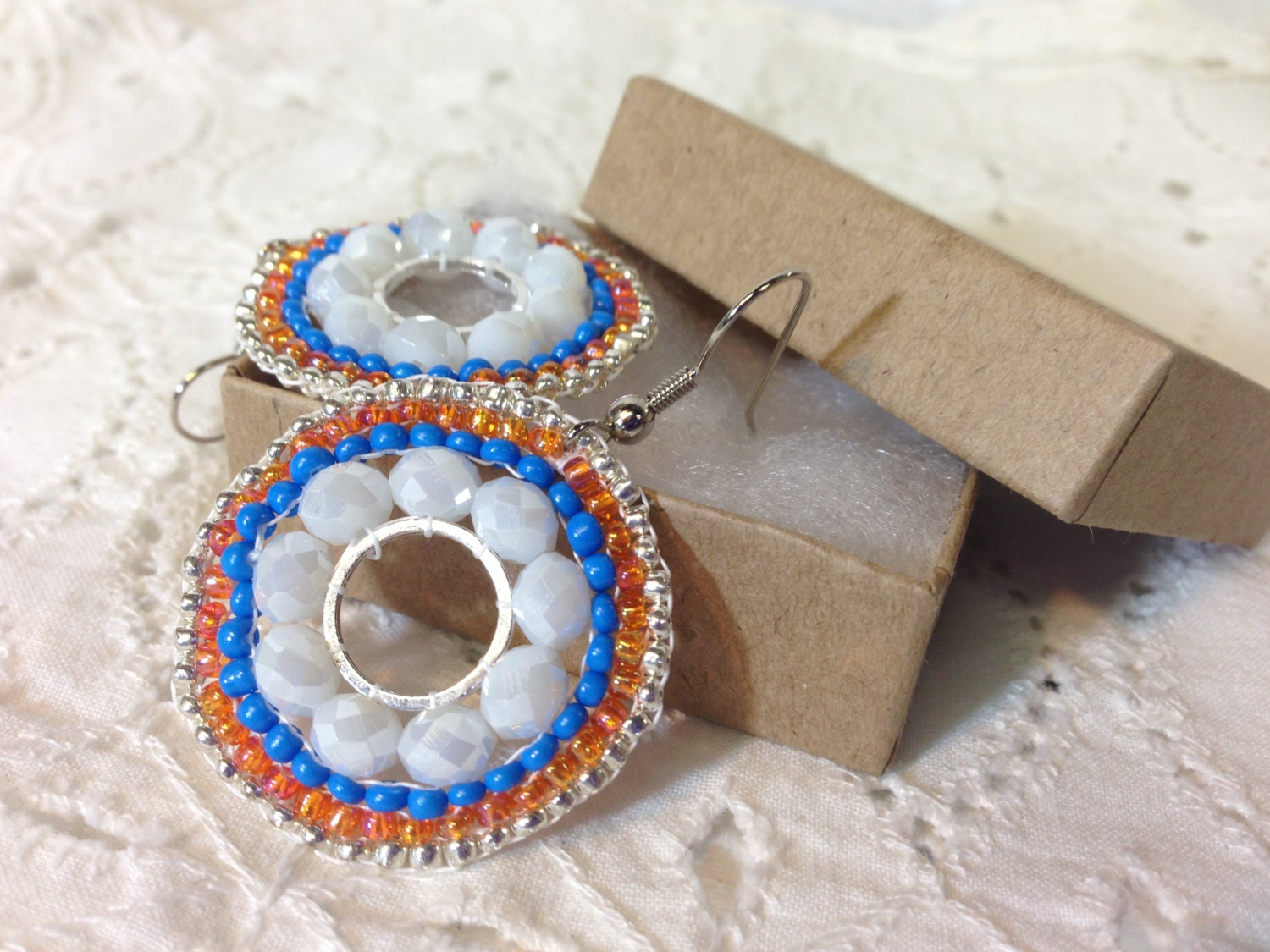 Blue, Orange, and White beaded Earrings, Beadwork, Drop, Dangle, Handmade, Weddings, Bridal Accessories