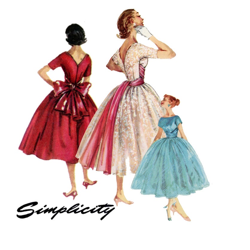 1950s Evening Dress Pattern Simplicity 1795 Bust 32 or 33 Womens Vintage Sewing Pattern Ballerina Length Dress with Cummerbund Sash