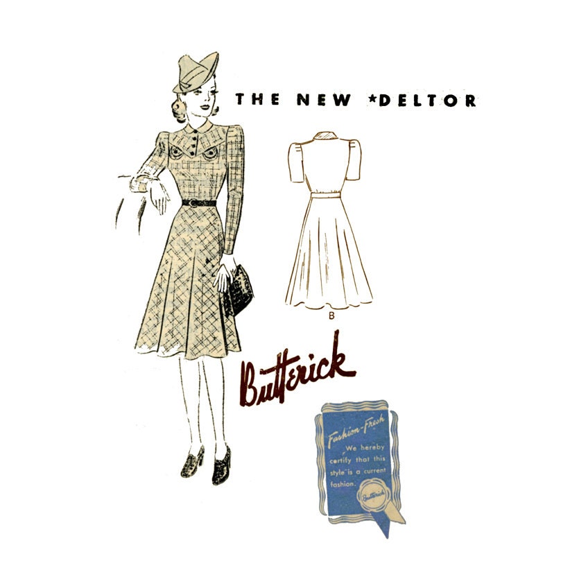 1940s Dress Vintage Sewing Pattern Butterick Deltor 9140 Flared Skirt Day or Evening Dress Bust 32 Womens Vintage Sewing Pattern