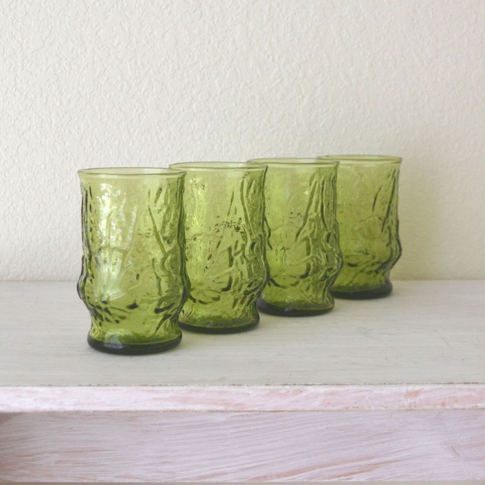 Green Glass Tumbler Juice Glasses Vintage 60s Floral Olive Set of Four Cups