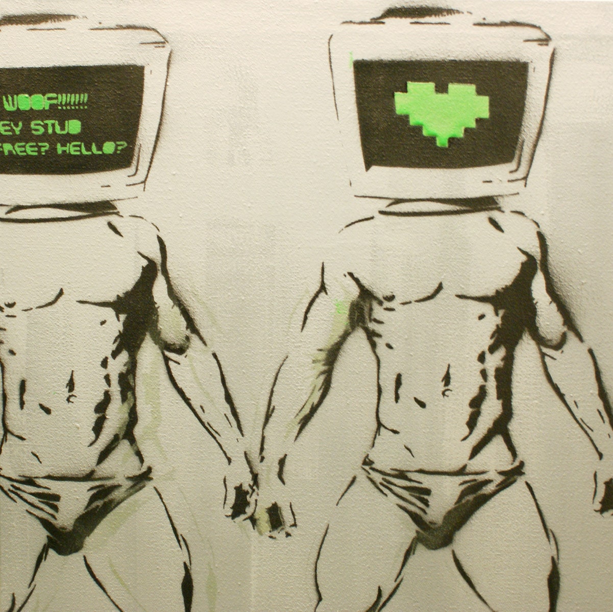 DESKTOP ROMEO Cool GREEN Vrsn 20 x 20 Original Painting Graffiti Inspired Stencil Spray Paint Male Portrait Figure Surreal Art on Canvas