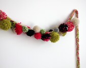 SALE Retro Bubble Gum Pom-pom yarn garland, braided, Christmas garland, pink black and green