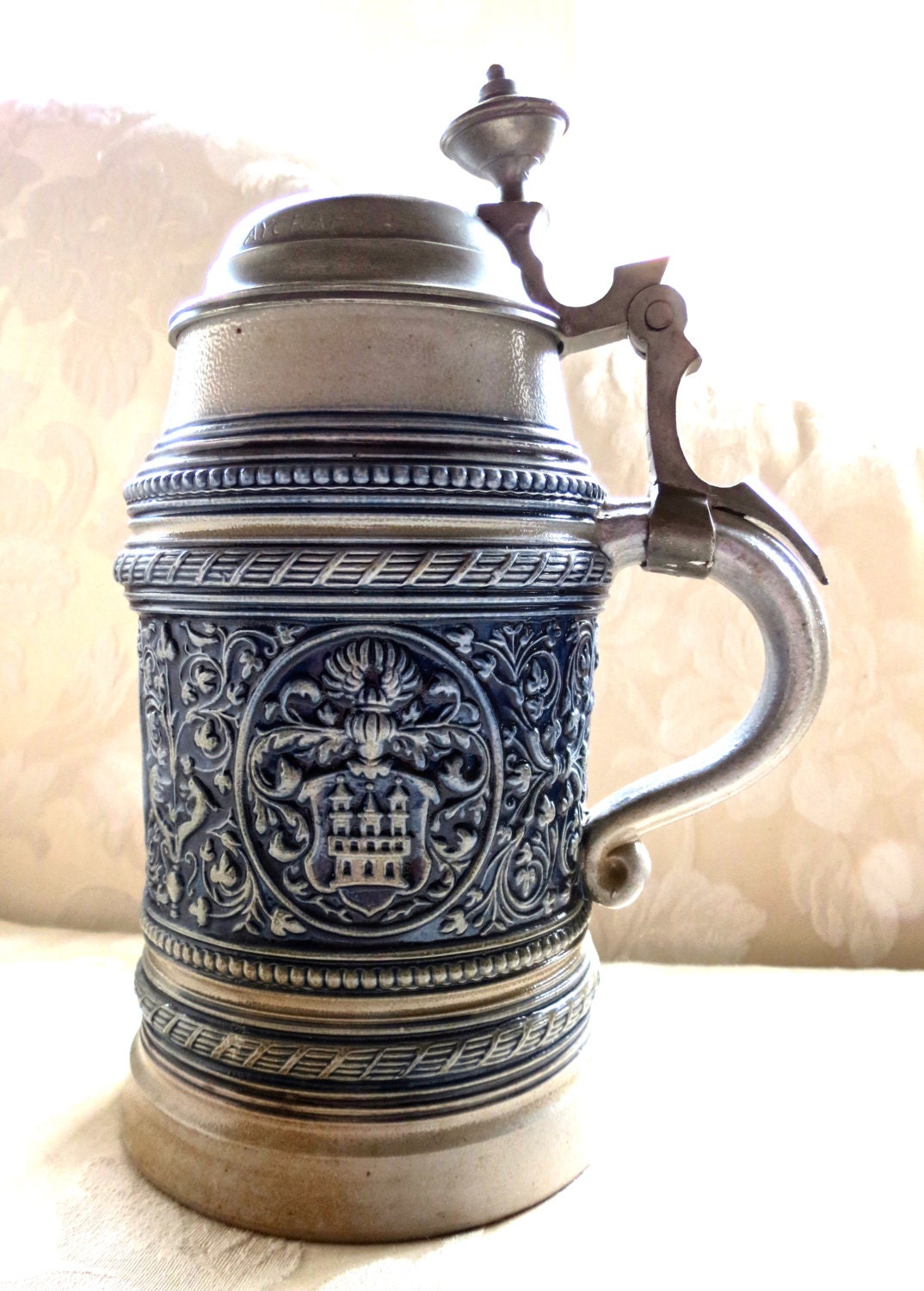 Antique German Beer Stein Tankard Stoneware Pottery Pewter Lid Bas Relief LEAYCRAFT