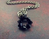 Charmed Necklace - Black Midnight Dark Shadows Czech Glass Bicone Tiny Simple Circle Pendant Soldered Gunmetal Gothic  - Nightlights