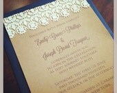The Emily Vintage Lace Wedding Invitation Suite, Kraft Brown Paper with Real Lace, Set of 25