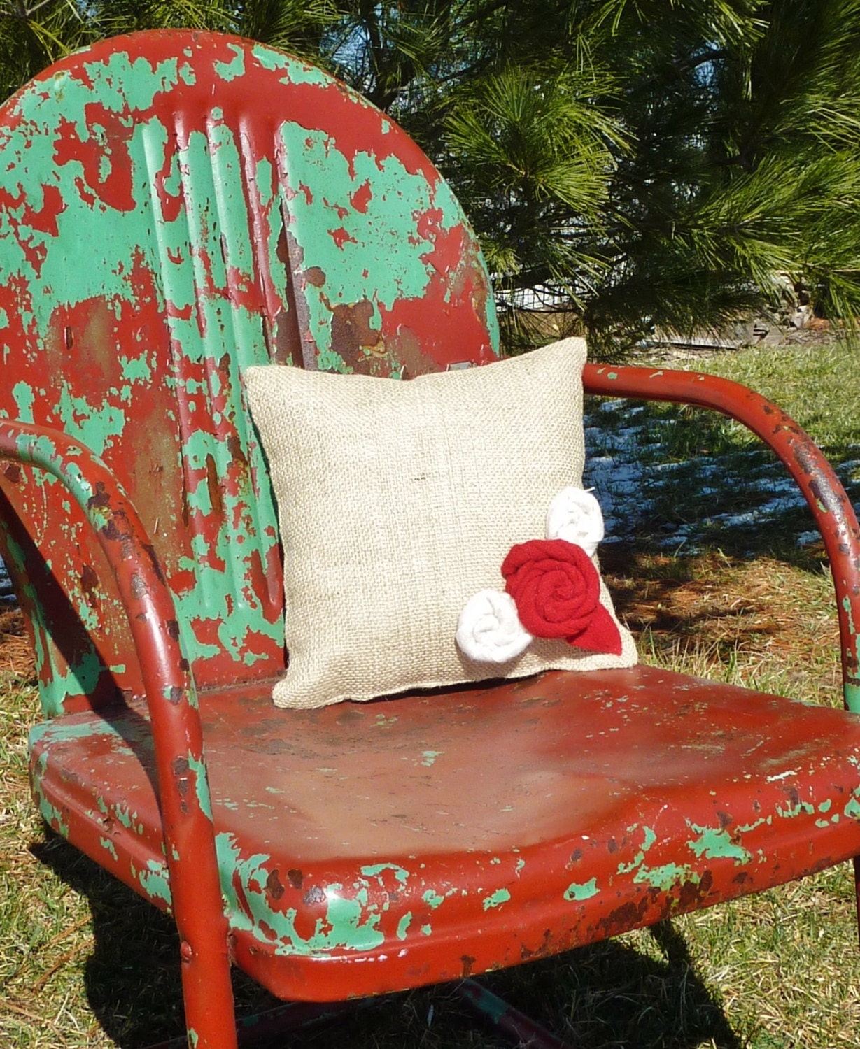 Handmade Burlap Pillow with Repurposed Red Sweater Flower Embellishment-Insert Included- Ready to Ship