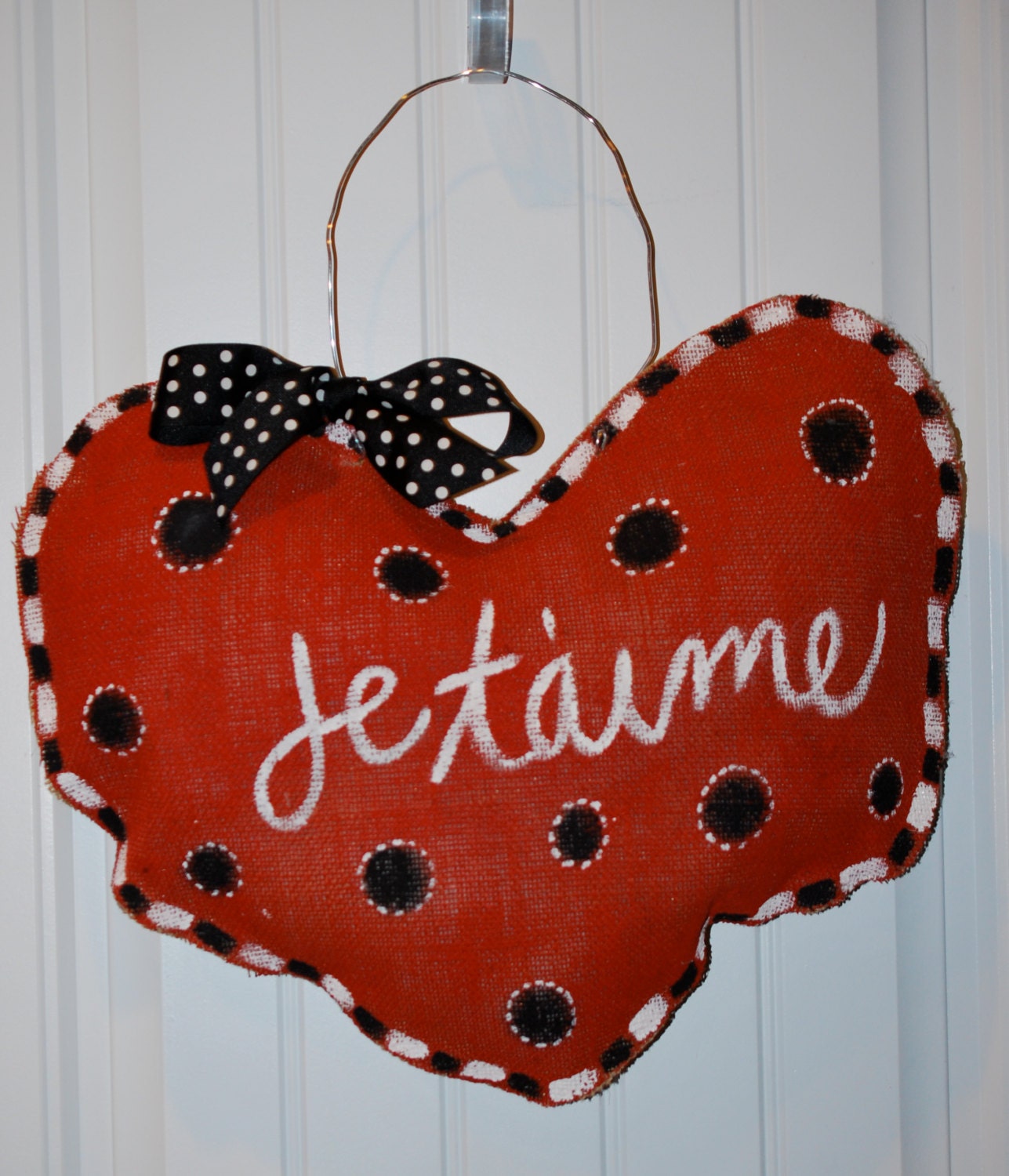 Painted Burlap,Red Heart and Black Polka Dots,Jetaime,Wall/Door Hanging,Home Decor, Decoration, Valentine, Door Decor,love,wedding