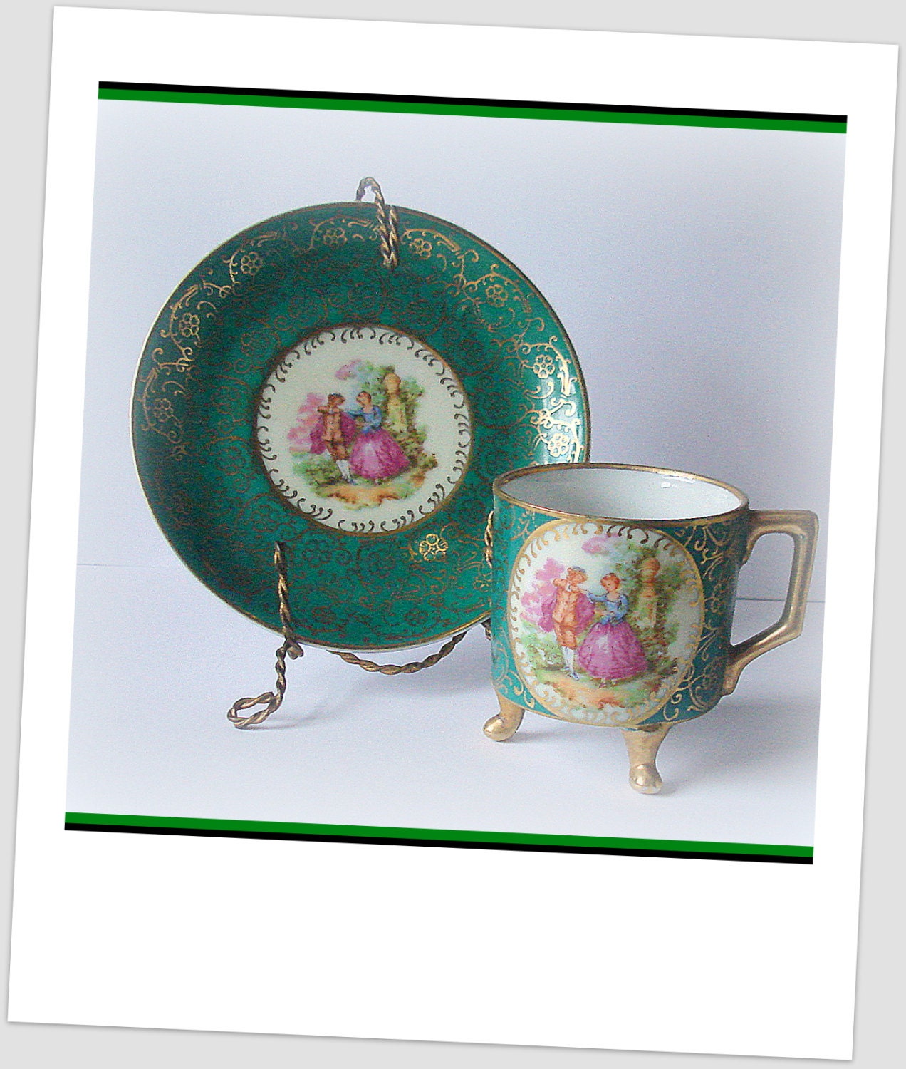 Vintage Victorian Scene Demitasse Set.  Handmade Twisted Metal Cup/Plate Holder