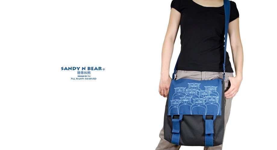 Design Messenger Bag - Owls ( Prussian Blue-Dark Grey / Handmade / Cotton / Yarn / Unisex )